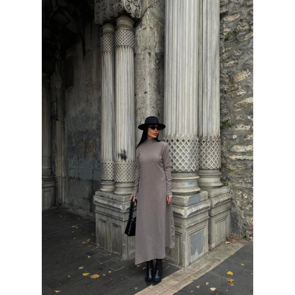 BİÇOMİ Boğazlı kalın bürümcük uzun elbise vizon