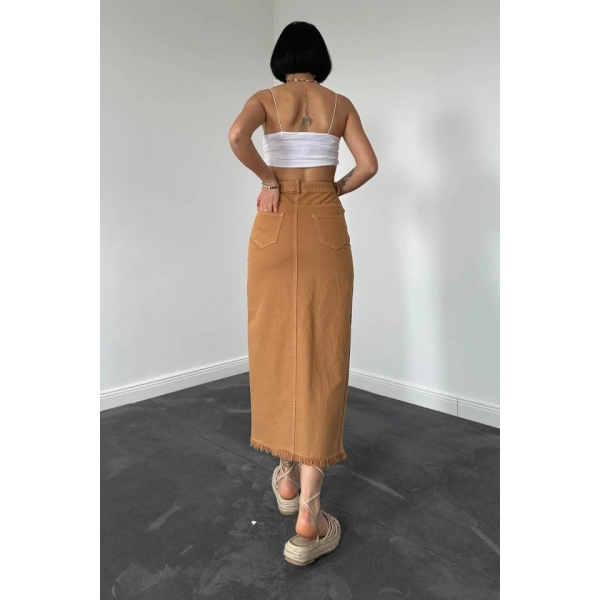 Biçomi Camel Gabardin Boyamalı Püsküllü Etek