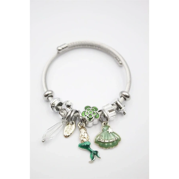 biçomi Çelik Charmlı Deniz Kızı Bileklik - Yeşil