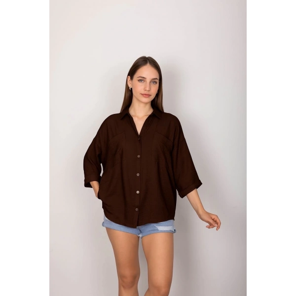 BİÇOMİ Cepli salaş gömlek koyu kahve t1010