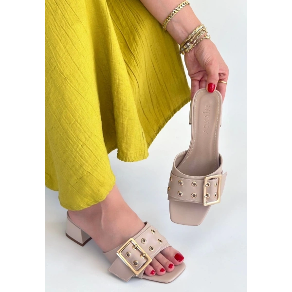 BİÇOMİ Ciey Bej Cilt Topuklu Terlik