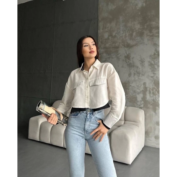 BİÇOMİ Çift renkli kısa gömlek krem s4021