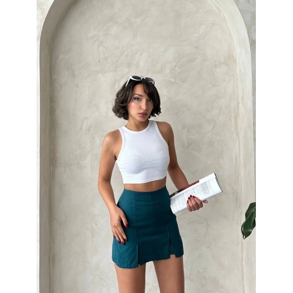 BİÇOMİ Çift yırtmaçlı atlas şort etek petrol yeşili s240364