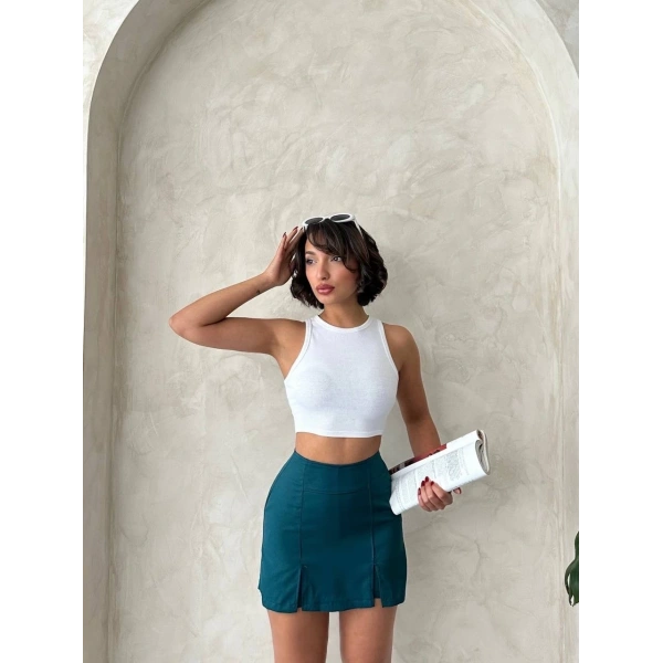 BİÇOMİ Çift yırtmaçlı atlas şort etek petrol yeşili s240364