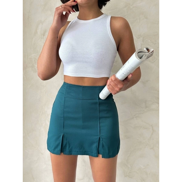 BİÇOMİ Çift yırtmaçlı atlas şort etek petrol yeşili s240364