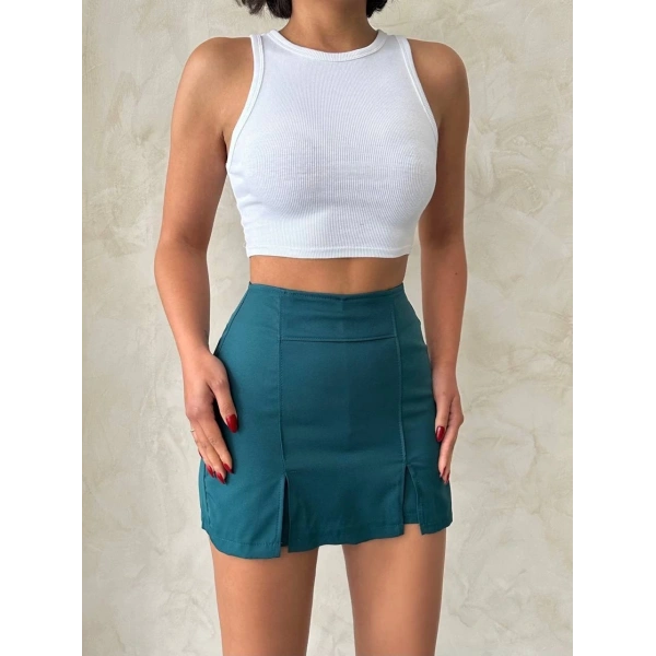 BİÇOMİ Çift yırtmaçlı atlas şort etek petrol yeşili s240364