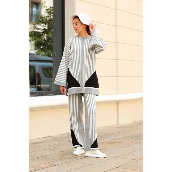 BİÇOMİ Çizgili bisiklet yaka triko takım Gri