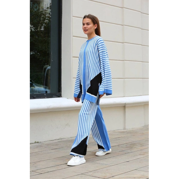 BİÇOMİ Çizgili bisiklet yaka triko takım Mavi