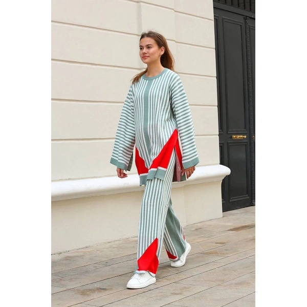 BİÇOMİ Çizgili bisiklet yaka triko takım Mint