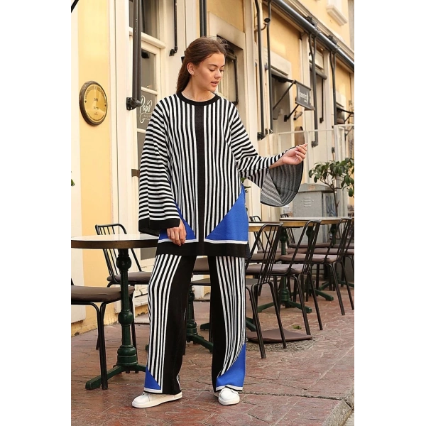 BİÇOMİ Çizgili bisiklet yaka triko takım siyah