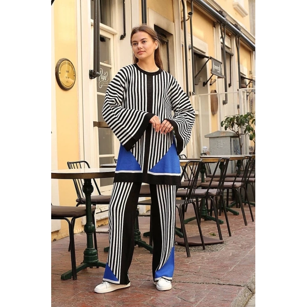 BİÇOMİ Çizgili bisiklet yaka triko takım siyah