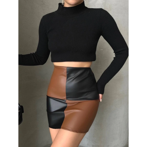 BİÇOMİ Damalı deri etek siyah kahve w24648