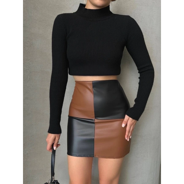 BİÇOMİ Damalı deri etek siyah kahve w24648