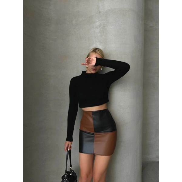 BİÇOMİ Damalı deri etek siyah kahve w24648