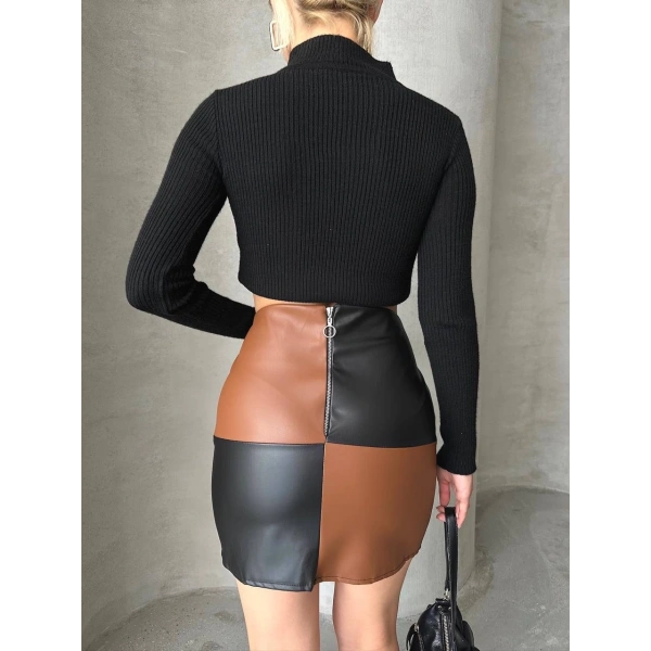 BİÇOMİ Damalı deri etek siyah kahve w24648