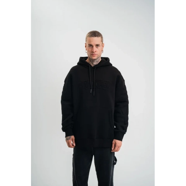 Biçomi Double Oversize Kapşonlu Nakışlı SweatShirt - Siyah