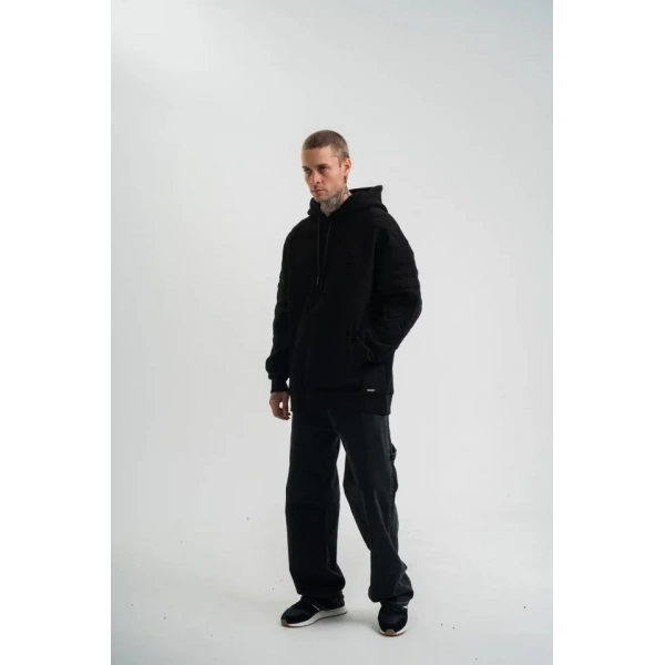 Biçomi Double Oversize Kapşonlu Nakışlı SweatShirt - Siyah