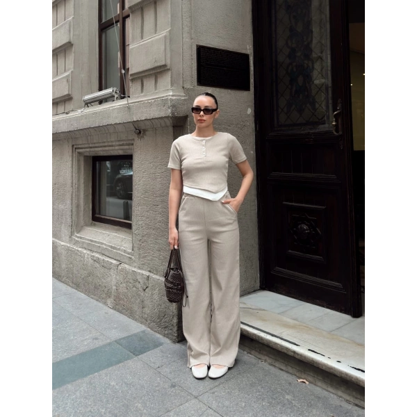 BİÇOMİ Düğme yakalı bej alt üst takım s3943