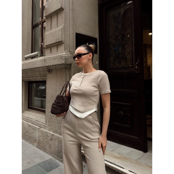 BİÇOMİ Düğme yakalı bej alt üst takım s3943