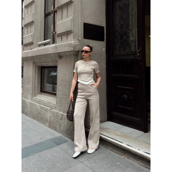 BİÇOMİ Düğme yakalı bej alt üst takım s3943