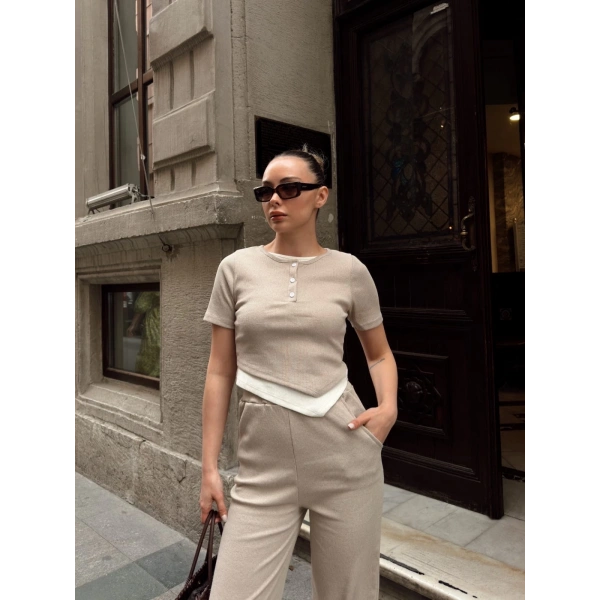 BİÇOMİ Düğme yakalı bej alt üst takım s3943