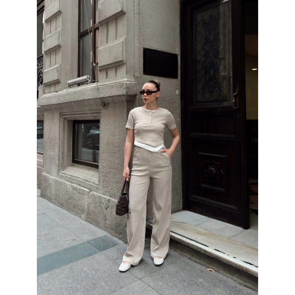 BİÇOMİ Düğme yakalı bej alt üst takım s3943