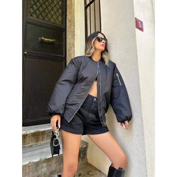 Biçomi Düz Bomber Ceket - Siyah