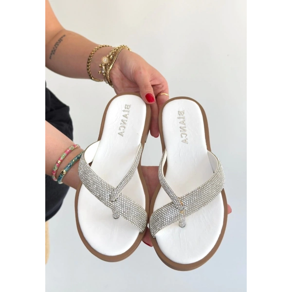 BİÇOMİ Eday Gümüş Boncuk İşlemeli Terlik