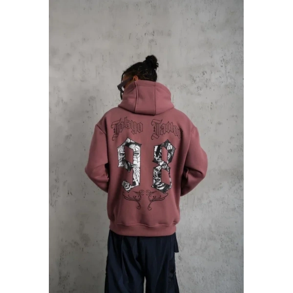 Biçomi Erkek 98 Baskılı Kapşonlu Sweat - Gül Kurusu