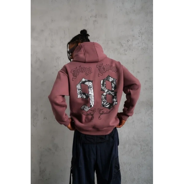 Biçomi Erkek 98 Baskılı Kapşonlu Sweat - Gül Kurusu