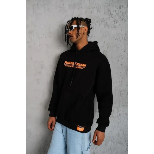 Biçomi Erkek Armalı Baskılı Kapüşonlu Sweatshirt - Siyah