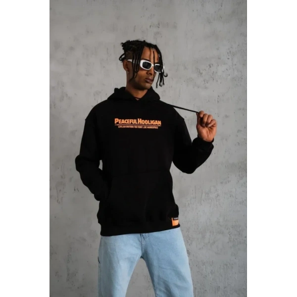 Biçomi Erkek Armalı Baskılı Kapüşonlu Sweatshirt - Siyah