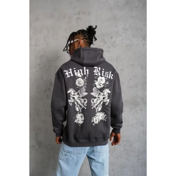 Biçomi Erkek Baskılı Kapşonlu Sweat - Füme