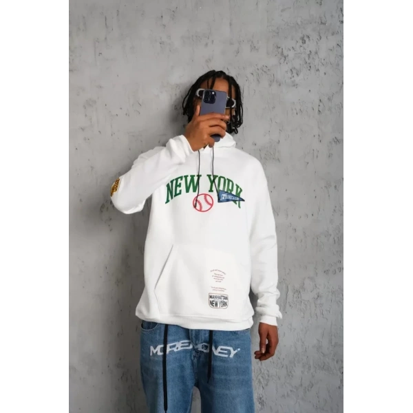 Biçomi Erkek Baskılı Kapüşonlu Sweatshirt - Beyaz