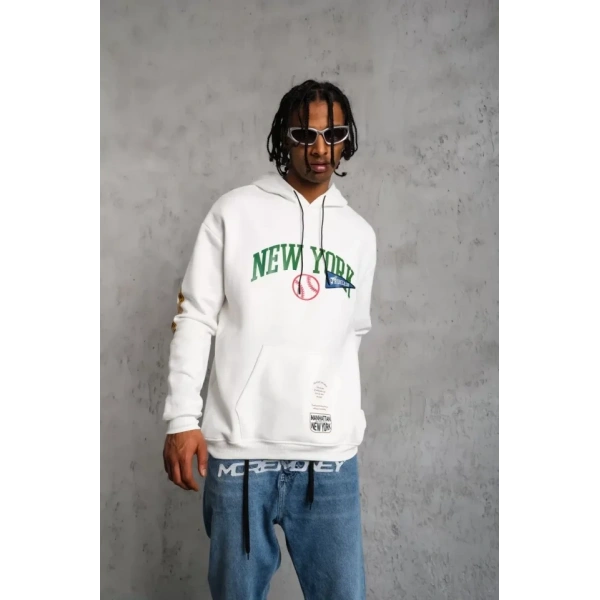 Biçomi Erkek Baskılı Kapüşonlu Sweatshirt - Beyaz