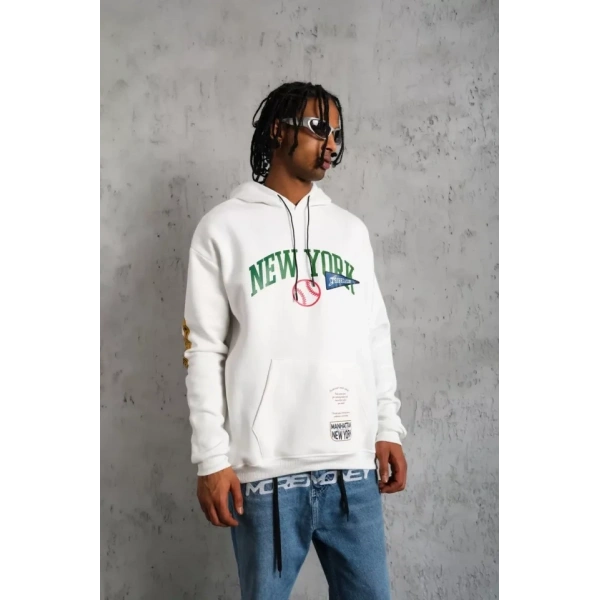 Biçomi Erkek Baskılı Kapüşonlu Sweatshirt - Beyaz