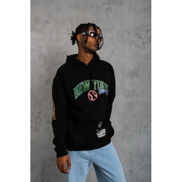 Biçomi Erkek Baskılı Kapüşonlu Sweatshirt - Siyah