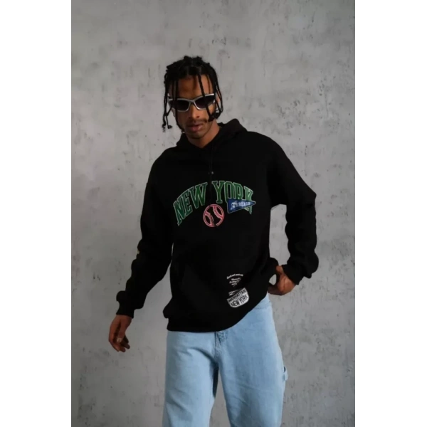 Biçomi Erkek Baskılı Kapüşonlu Sweatshirt - Siyah