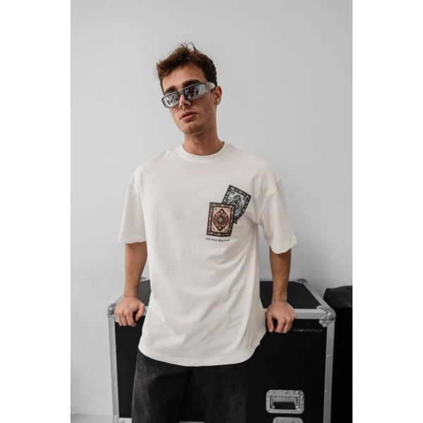 Biçomi Erkek Baskılı Oversize T-shirt - Beyaz