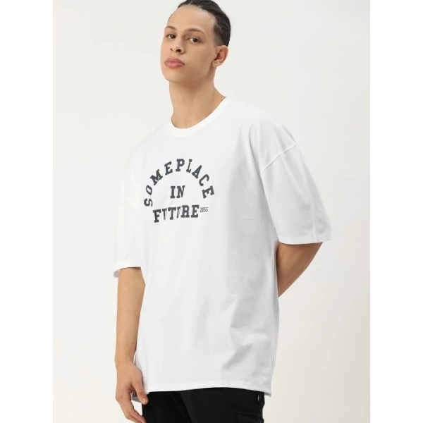 Biçomi Erkek Baskılı Oversize T-shirt - Beyaz