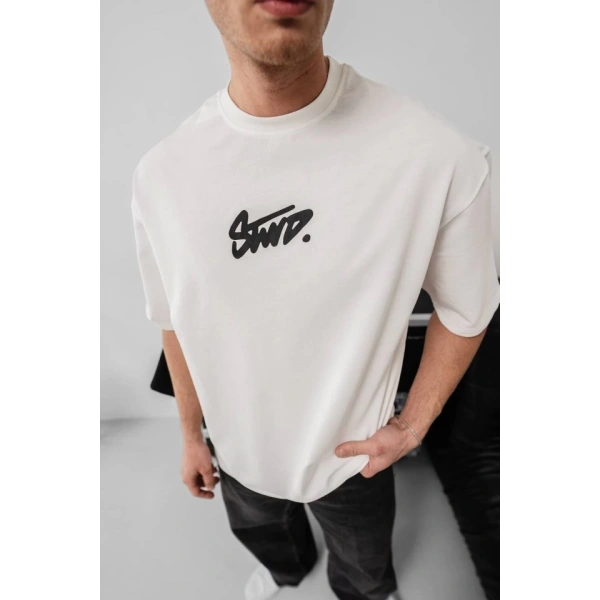 Biçomi Erkek Baskılı Oversize T-shirt - Beyaz