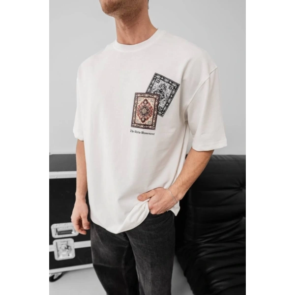Biçomi Erkek Baskılı Oversize T-shirt - Beyaz