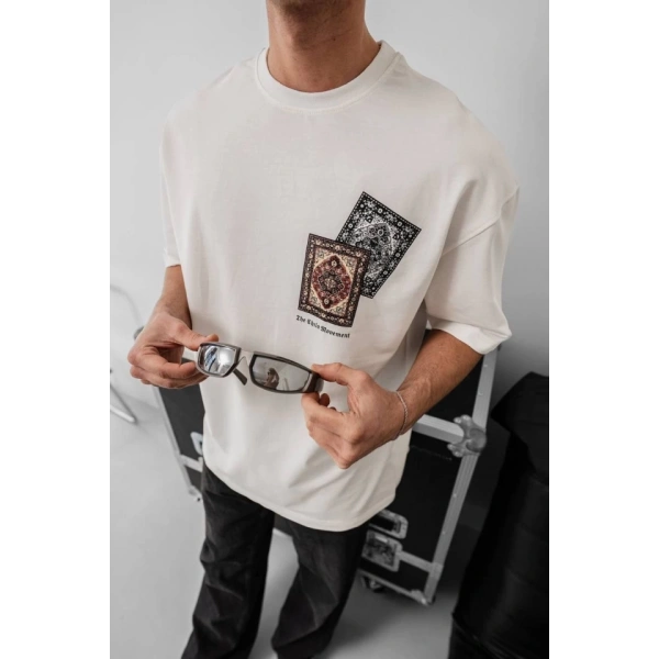 Biçomi Erkek Baskılı Oversize T-shirt - Beyaz