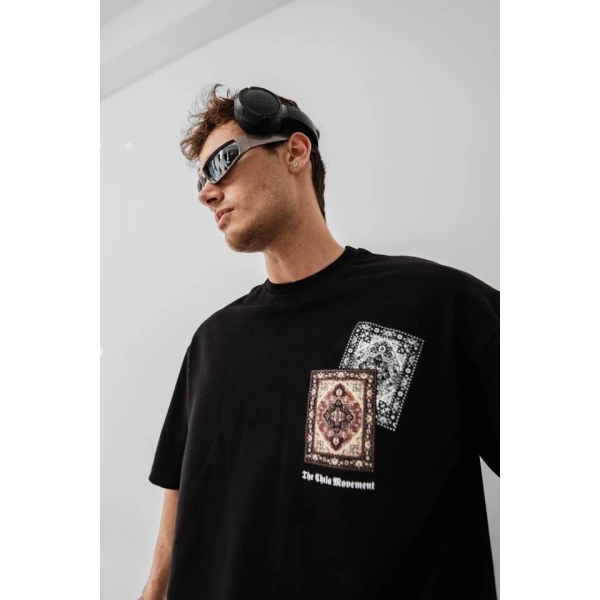 Biçomi Erkek Baskılı Oversize T-shirt - Siyah