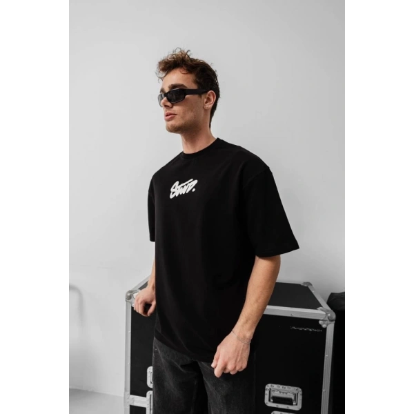 Biçomi Erkek Baskılı Oversize T-shirt - Siyah