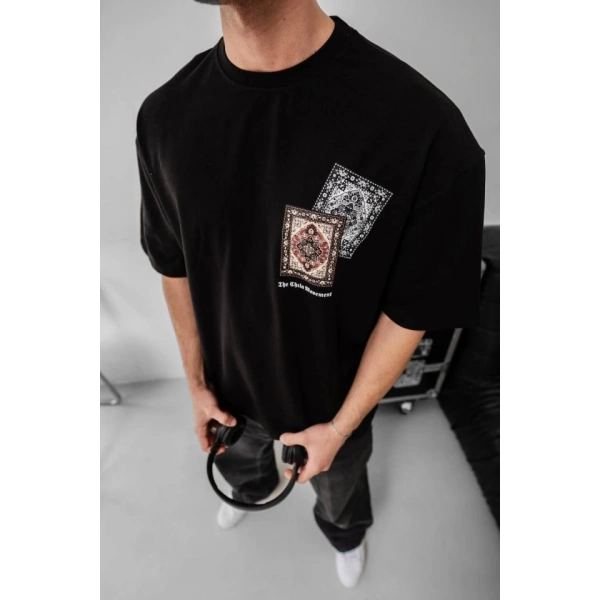 Biçomi Erkek Baskılı Oversize T-shirt - Siyah