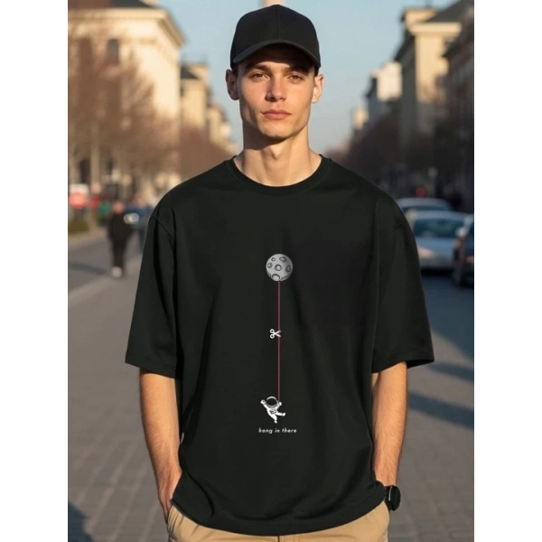 Biçomi Erkek Baskılı Oversize T-shirt - Siyah