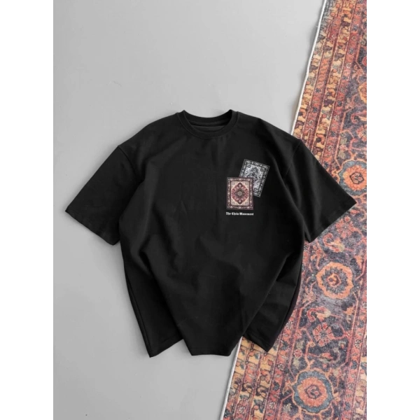Biçomi Erkek Baskılı Oversize T-shirt - Siyah