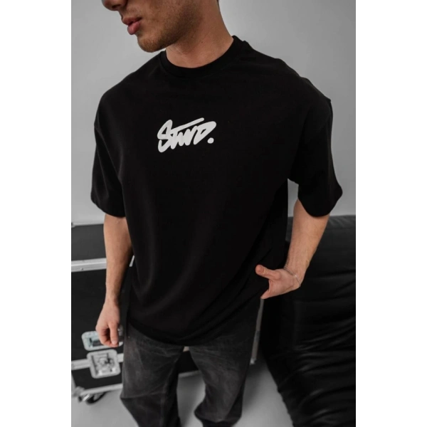 Biçomi Erkek Baskılı Oversize T-shirt - Siyah