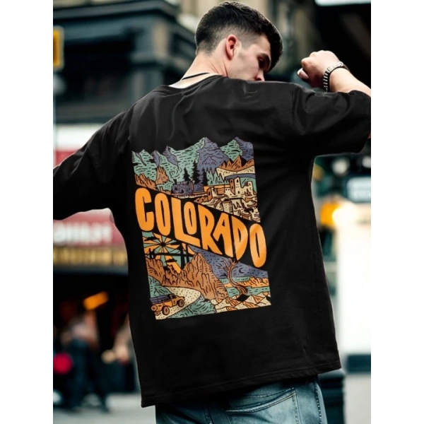 Biçomi Erkek Baskılı Oversize T-shirt - Siyah
